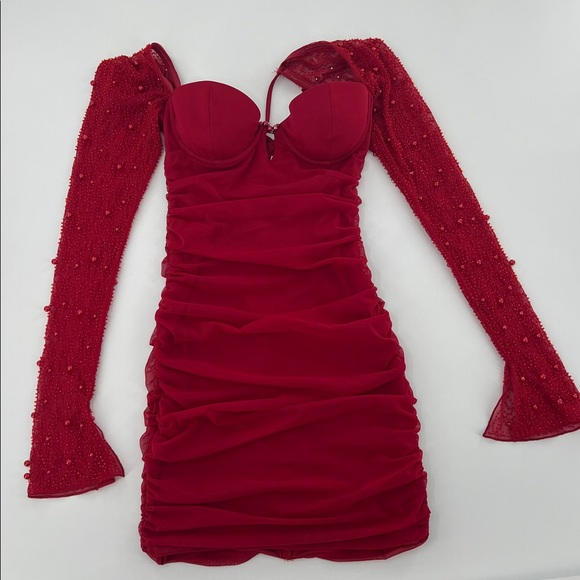 Princess Polly St. Germaine Red Bodycon Dress beaded sheer sleeve - Picture 2 of 8